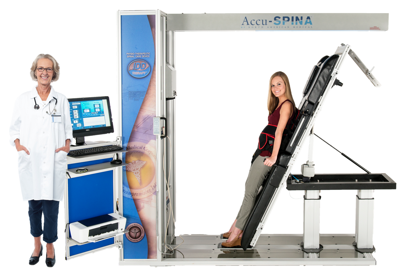 Doctor and patient after successful IDD Therapy treatment for disc pain and spinal decompression 